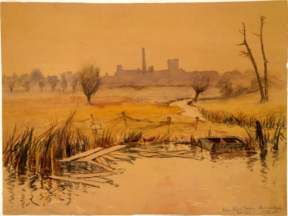 A painting by George Edmund Butler. The blue blind factory, Armentières, November 1918